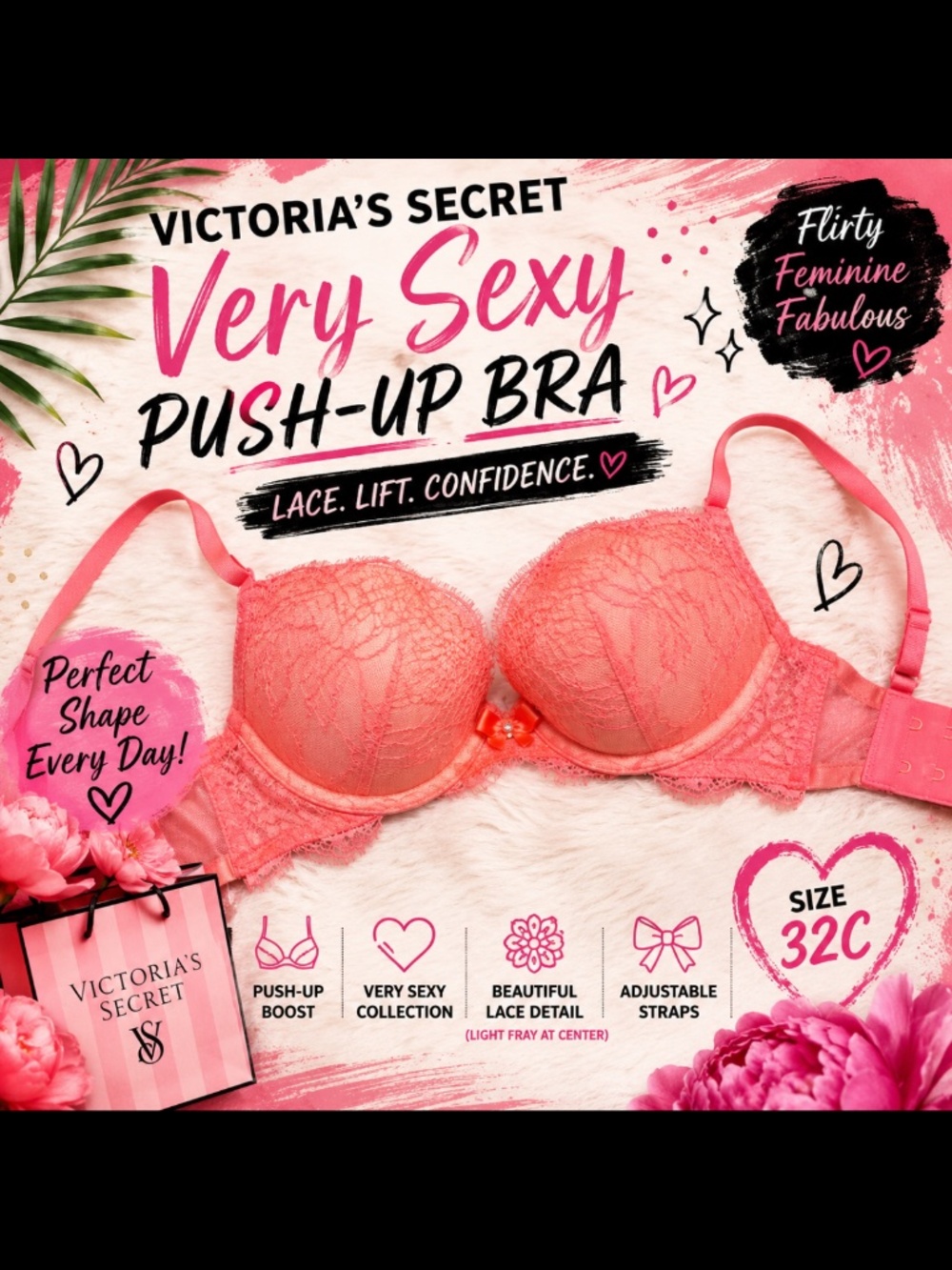 Victoria’s Secret Very Sexy Push-Up Bra Coral Pink Lace 32C